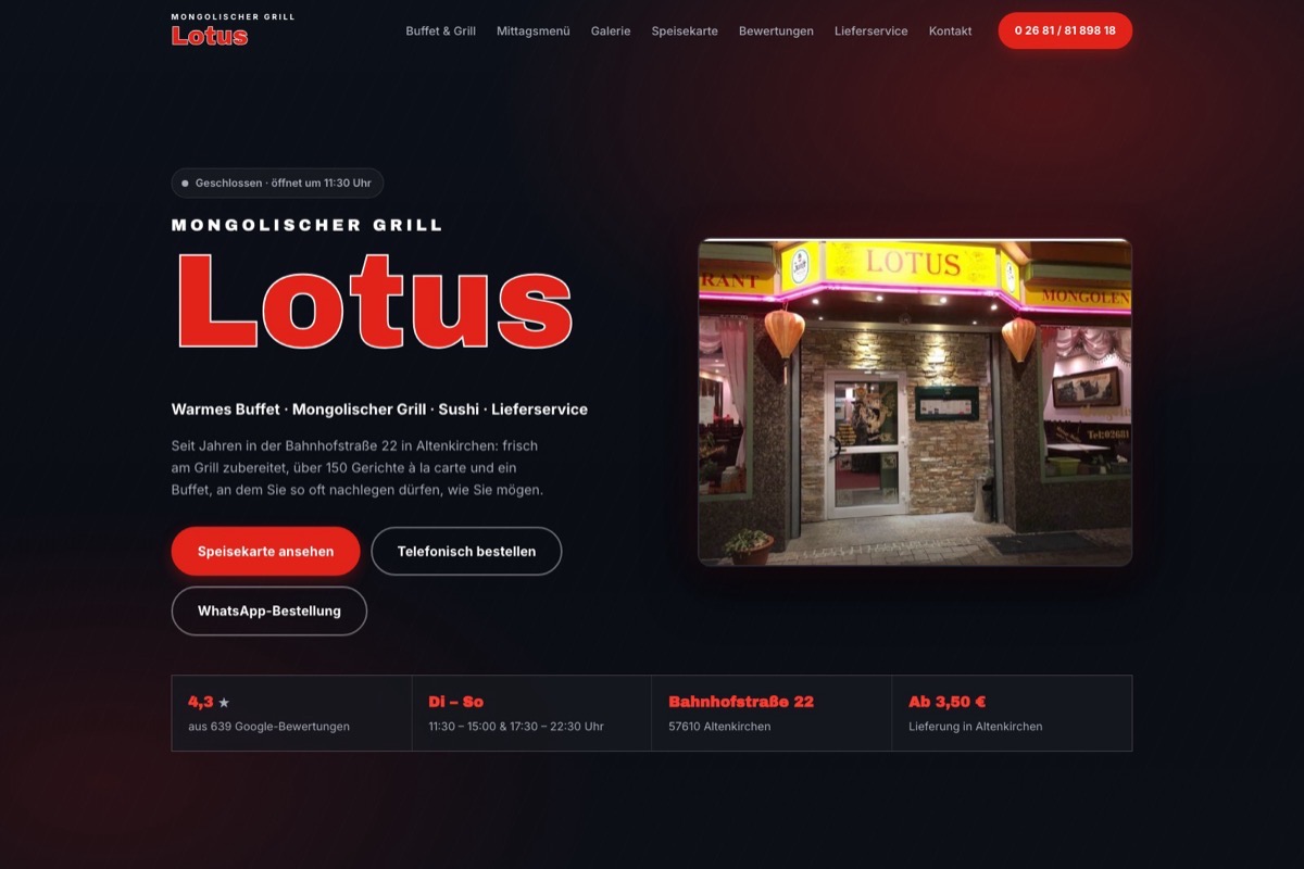 Startseite der Website des Restaurants Lotus in Altenkirchen